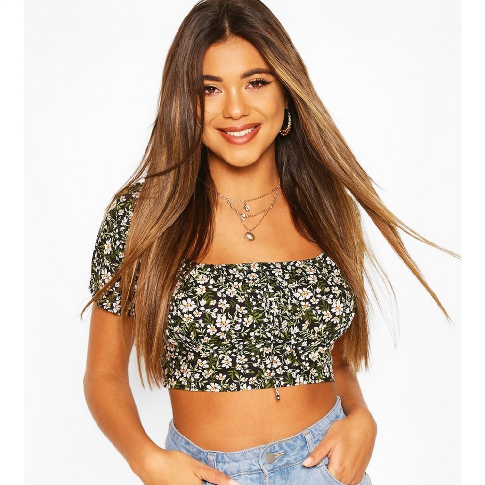Floral lace off the shoulder crop top